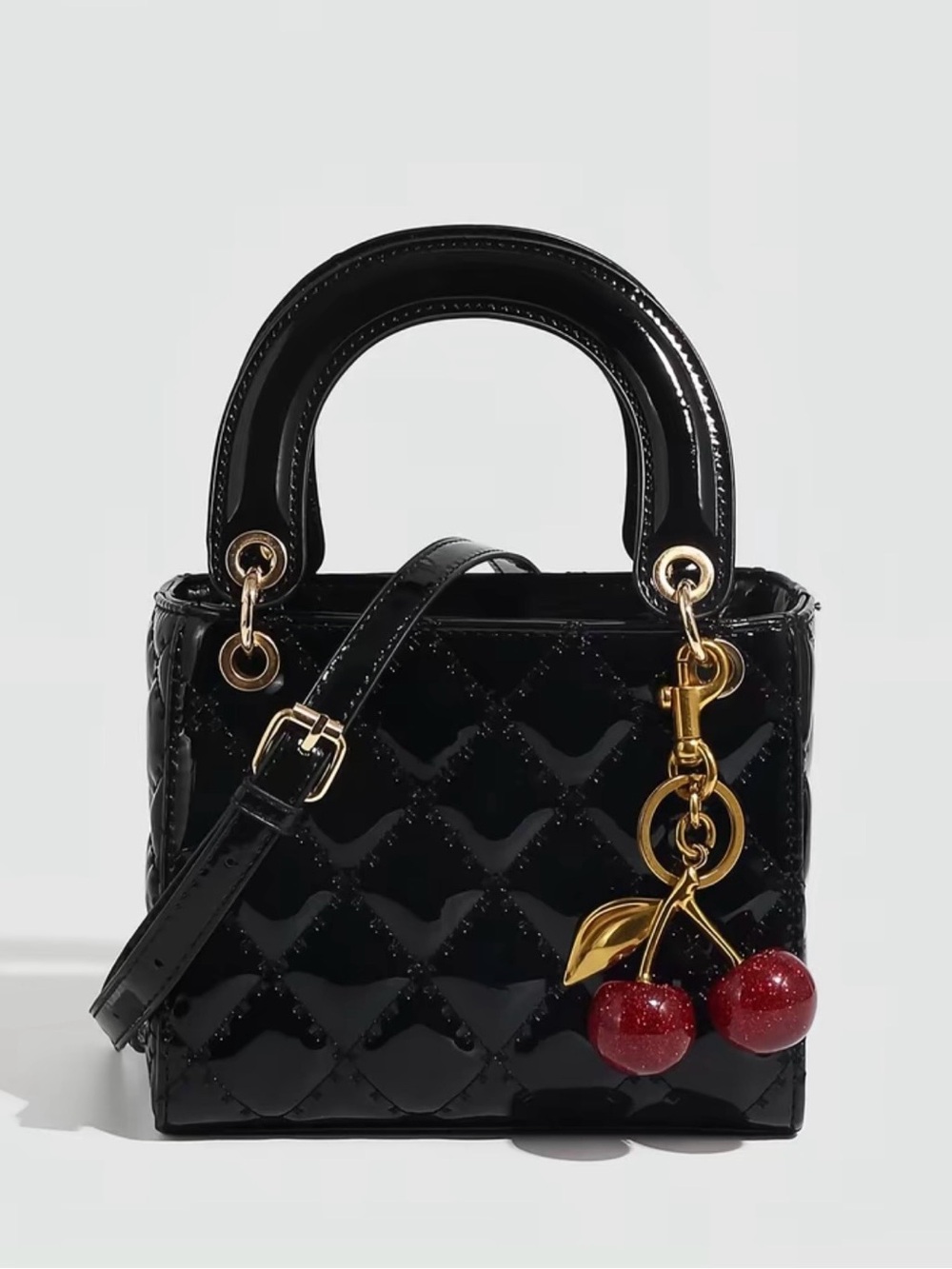 Black Patent Cherry Charm Top-Handle Bag
